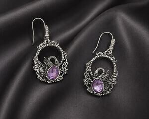 Silver Bird Swan Amethyst Earrings Filigree Gothic Boho VTG Antique Victorian CZ